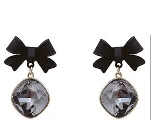 Black Bow with Stone Charm Earrings
